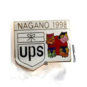 UPS United Parcel Service Logo Nagano 1998 Olympic Mascot Owls Japan Flag Pin